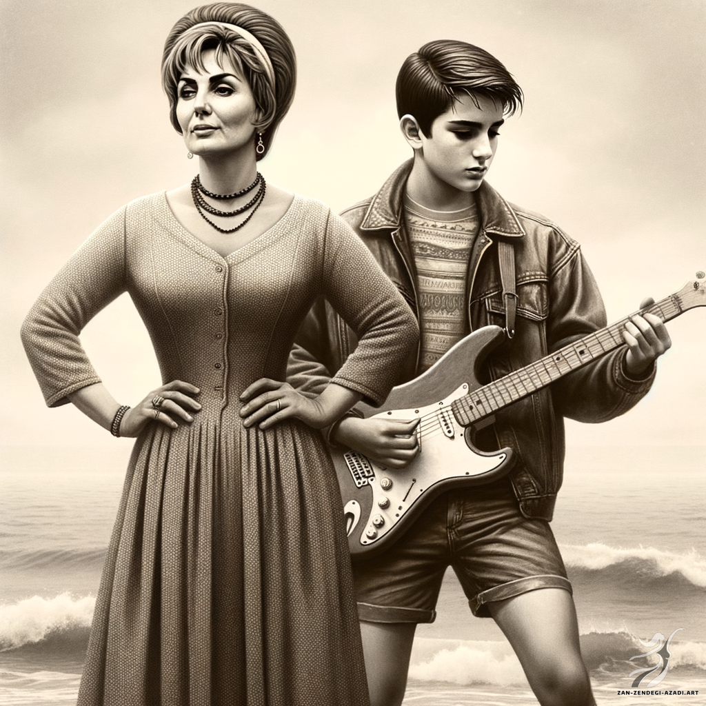 One woman and one man, Playing music, Sea in Surrealism style An Iranian woman in her fifties, of medium build and sporting a short hairstyle, is seen wearing a midi dress. Accompanying her, a teenage boy with a stocky physique and short hair, adorns a leather jacket and shorts. Both individuals are immersed in a fervent session of playing music by the sea. This scene is portrayed with a dream-like quality and an intriguing juxtaposition of anachronistic elements.