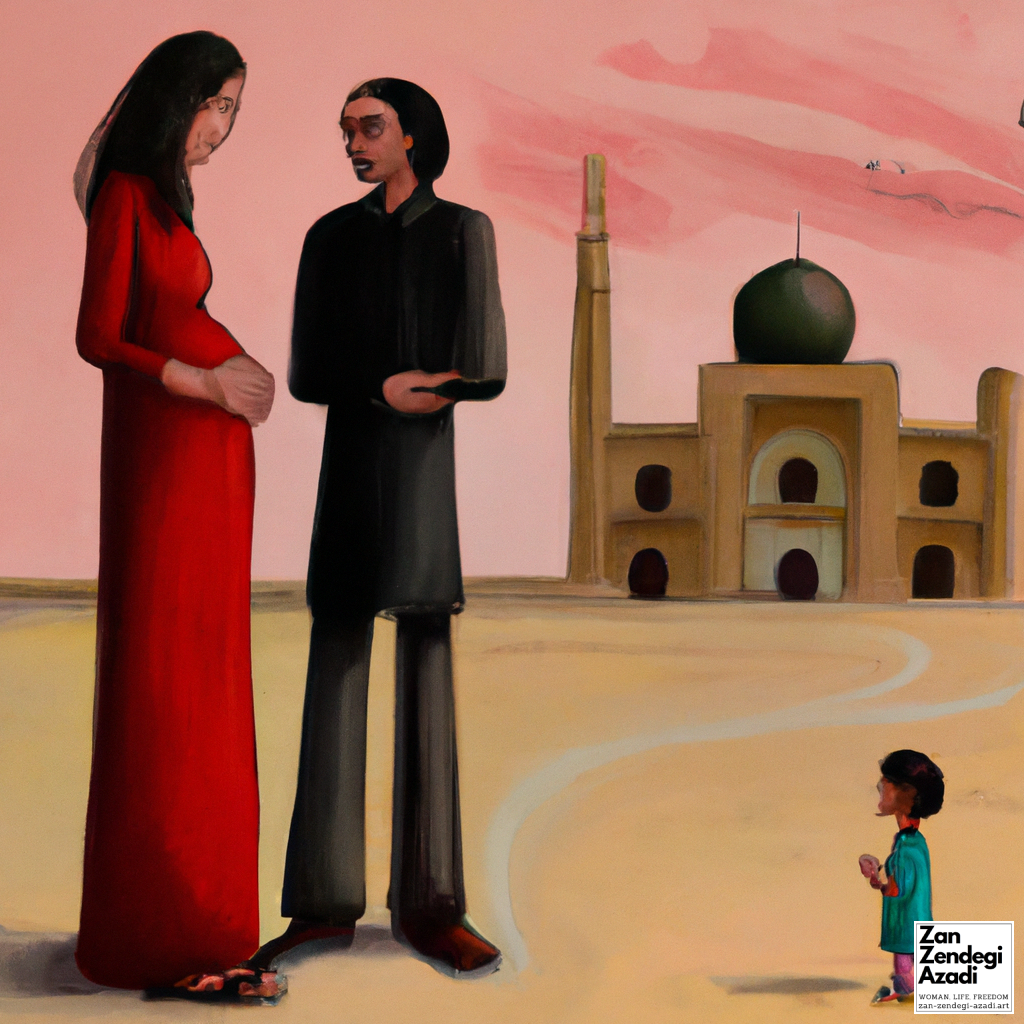 در عکس، یک زن و یک مرد با یک کودک به تصویر کشیده شده اند که در یک خیابان صحبت می کنند و مسجد نصیرالملک در پس زمینه، به سبک روتکو. یک زن مدل موی بلند دارد و لباس ماکسی پوشیده است، در حالی که مرد موهای کوتاه دارد و پیراهن پوشیده است.