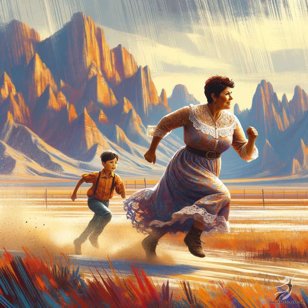 One woman and one child, Running, Landscape in Vincent van Gogh style Render an image of an energetic scene in which a stocky, middle-aged Hispanic woman with a pixie-cut hairstyle and a lace dress is running with a child. They're sprinting through a scenic landscape with the Kaluts of Shahdad, a set of desert formations in the Lut Desert of Iran, in the background. Depict this image with dramatic, bold brush strokes and vibrant, attention-grabbing colors, creating the feeling of excitement and movement inherent in the scene.