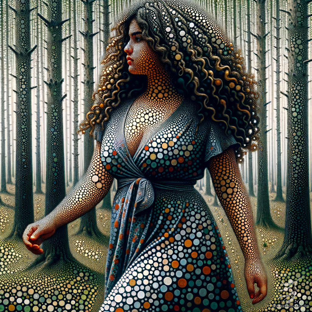 One woman, Walking, Forest in Yayoi Kusama style A stocky Iranian teenage girl, with a mass of curly hair, is seen leisurely walking through a forest. She is wearing a wrap dress. The painting captures the scene with a distinct style that places an emphasis on repetition of various elements, utilizes polka dots abundantly and perpetuates a sense of infinite patterns within the image, immersing the viewer deeper into the scene.