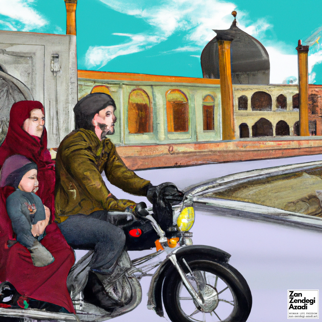 در عکس، یک زن و یک مرد با یک کودک به تصویر کشیده شده اند که در حال رانندگی با موتورسیکلت در خیابان و کاخ عالی قاپو در پس زمینه به سبک فوتورئالیسم هستند. یک زن مدل موی باب دارد و هودی و شلوار لی پوشیده است، در حالی که مرد دم اسبی دارد و لباس ژاکت به تن دارد.