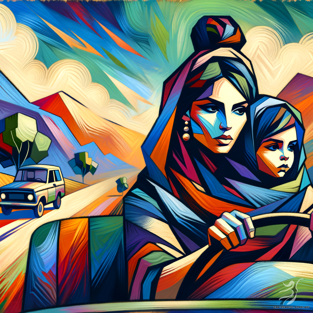 یک زن خاورمیانه ای را به همراه فرزندش در پشت فرمان ماشین در منظره ای کوهستانی به تصویر بکشید. سفر آنها به سبکی تجسم می شود که با رنگ های زنده، عناصر احساسی و نمادین مشخص می شود. یادآور رویکردهای هنری در اوایل قرن بیستم، به ویژه آنهایی که در نقاشی استفاده می شد. زن مدل موی تاپ گره دارد و لباسی بر تن دارد.