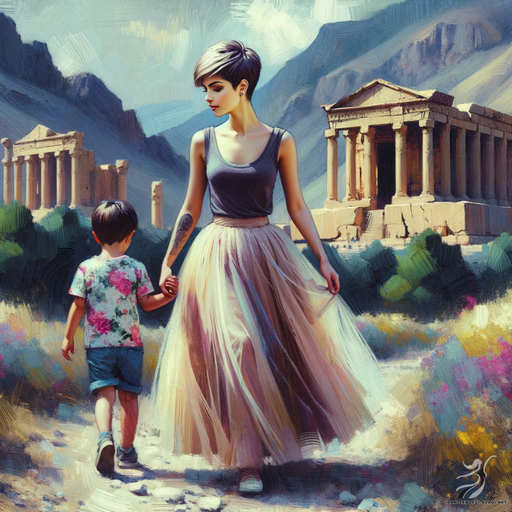 One woman and one child, Walking, Mountain