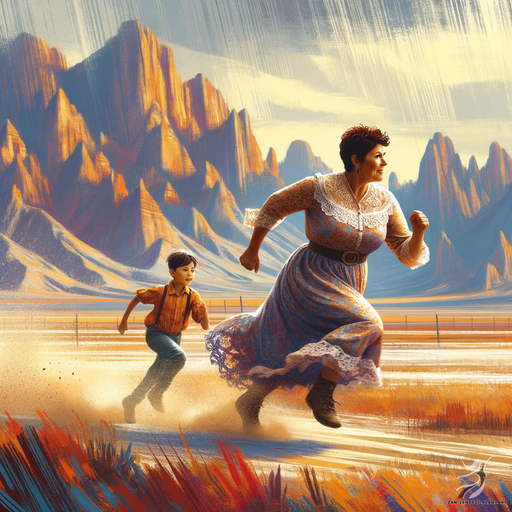 One woman and one child, Running, Landscape