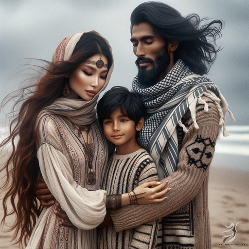 یک زن، یک مرد و یک کودک, بوسیدن, ساحل