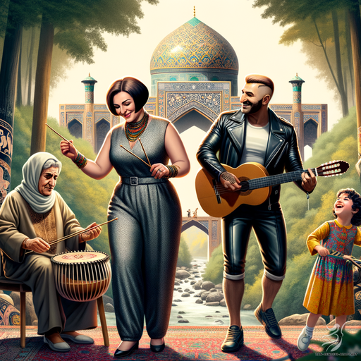 One woman, one man, and one child, Playing music, Forest
