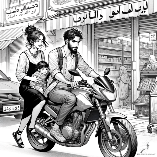 یک زن، یک مرد و یک کودک, موتور سواری, فروشگاه