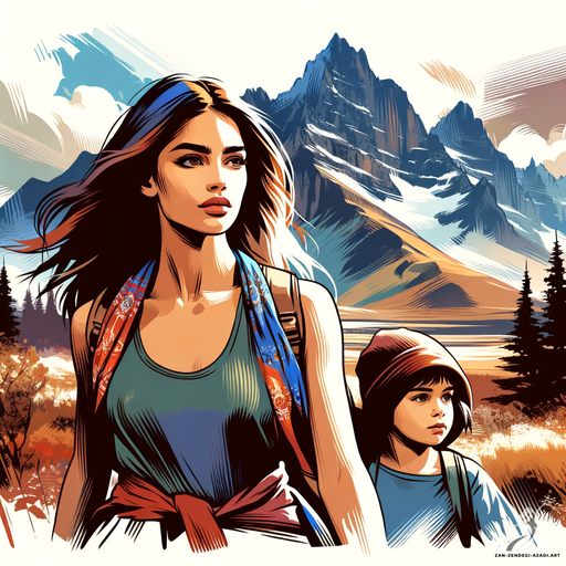 One woman and one child, Walking, Mountain
