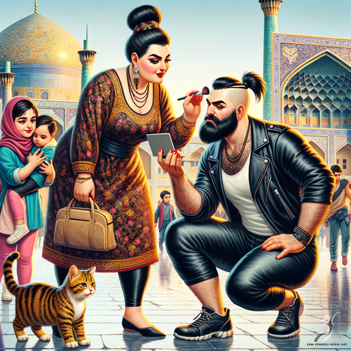 One woman, one man, and one child, Applying makeup, Street