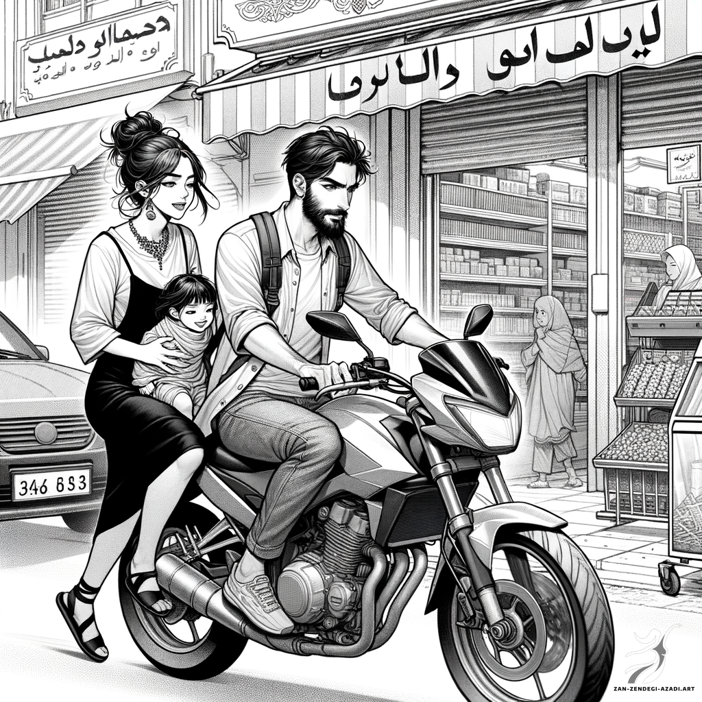 صحنه‌ای با جزئیات به سبک رئالیسم را به تصویر بکشید که در آن یک زن خاورمیانه‌ای با مدل موی کشی بهم ریخته، با لباس مشکی کوچک و مردی با موهای کوتاه، با لباس پیراهن، در حال رانندگی با موتورسیکلت هستند. آنها نزدیک یک مغازه با ویژگی های مختلف هستند. مرد هنگام حرکت در صحنه، کودکی را ایمن نگه می دارد.