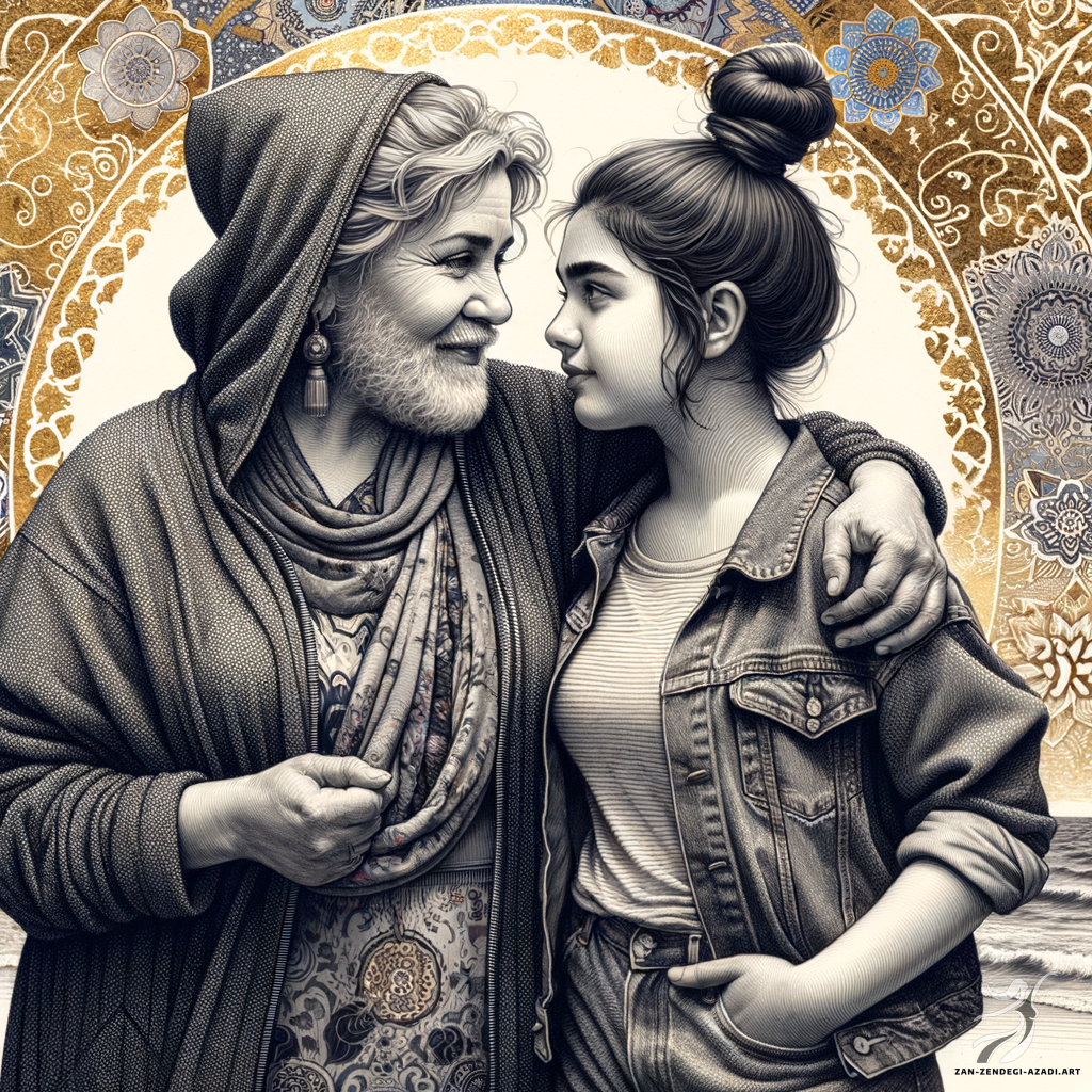 دو زن ایرانی الاصل در لحظه ای حساس در ساحل گرفتار می شوند. زن اول سایز بزرگ، میانسال، با مدل موی کشی بهم ریخته، با لباسی دنج از هودی و شلوار لی است. زن دوم یک نوجوان تنومند با مدل موی تاپ است، شورت جین پوشیده و تاپ تاپ. آنها در آغوشی نزدیک به چشمان یکدیگر خیره می شوند. این صحنه با جزئیات دقیق با الگوهای آراسته و بافت های پیچیده، برجسته شده با عناصر ورق طلا که نمادی از غنای پیوند آنها است.