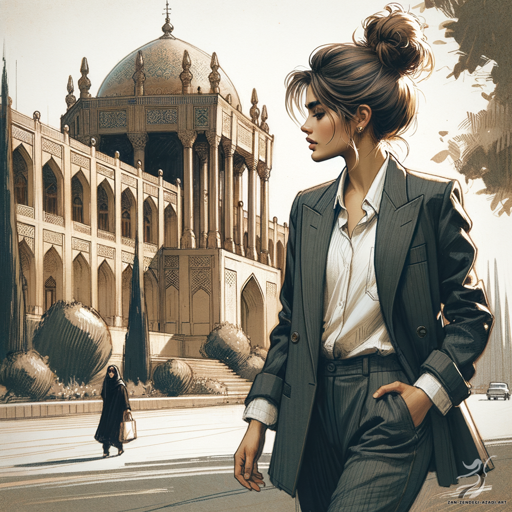 یک زن خاورمیانه‌ای، با مدل موی ژاکتی نامرتب و کت شلوار و کت شلوار، در حال قدم زدن در خیابان است. در پس زمینه، یک کاخ ایرانی با شکوه، شبیه به کاخ چهل ستون، تالار ستوندار باشکوه خود را به رخ می کشد. کل صحنه باید با قلم موی سبک به تصویر کشیده شود که یادآور سبک های هنری پیش از سال 1912 است، با تمرکز قابل توجه بر تغییرات نور در سراسر صحنه.