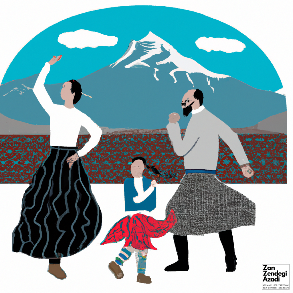 در عکس، یک زن خاورمیانه‌ای و یک مرد با یک کودک به تصویر کشیده شده‌اند که در منظره و کوه دماوند در پس‌زمینه، به سبک هندسی می‌رقصند. یک زن مدل موی بافته دارد و دامن و بلوز توری پوشیده است، در حالی که مرد دم اسبی دارد و یک کت چرمی و شلوارک پوشیده است.