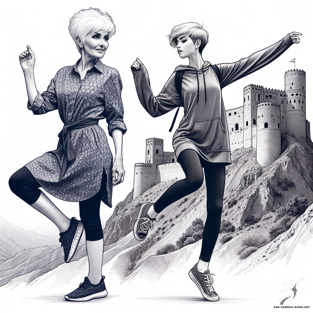Two women, Dancing, Mountain in Romanticism style Illustrate an image featuring an elder petite Iranian woman, who is in her fifties and dons a pixie cut hairstyle as well as a stylish shirt dress, and a younger petite Iranian girl, in her teens, also sporting a pixie cut and wearing a comfortable hoodie with leggings. Both women are demonstrated to be dancing gracefully atop a mountain with the Falak-ol-Aflak Castle, an iconic medieval structure located in Lorestan, etched beautifully into the distance. Render the image in a style that allows for the eloquent expression of emotion, individualism, and the raw beauty that encapsulates nature.