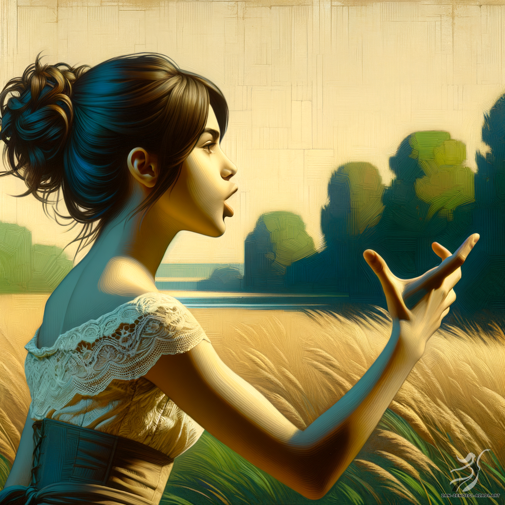 One woman, Speaking, Landscape in Neo-classicism style A landscape showcasing a teenage Iranian woman with short height and muscular build. Her hair is styled in a messy bun, and she is wearing a lace dress. She is captured mid-speech, articulating her thoughts clearly. The image is rendered in a style that celebrates classical simplicity and symmetry, reminiscent of artistic movements pre-1912.
