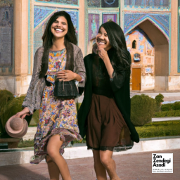 در عکس، دو زن با یک کودک به سبک شرق شناسی در حال خنده در یک مغازه و مسجد نصیرالملک در پس زمینه تصویر شده اند. یک زن مدل موی موج‌دار ساحلی دارد و کت چرمی و شلوارک پوشیده است، در حالی که دیگری مدل موی بلندی دارد و لباسی بر تن دارد.