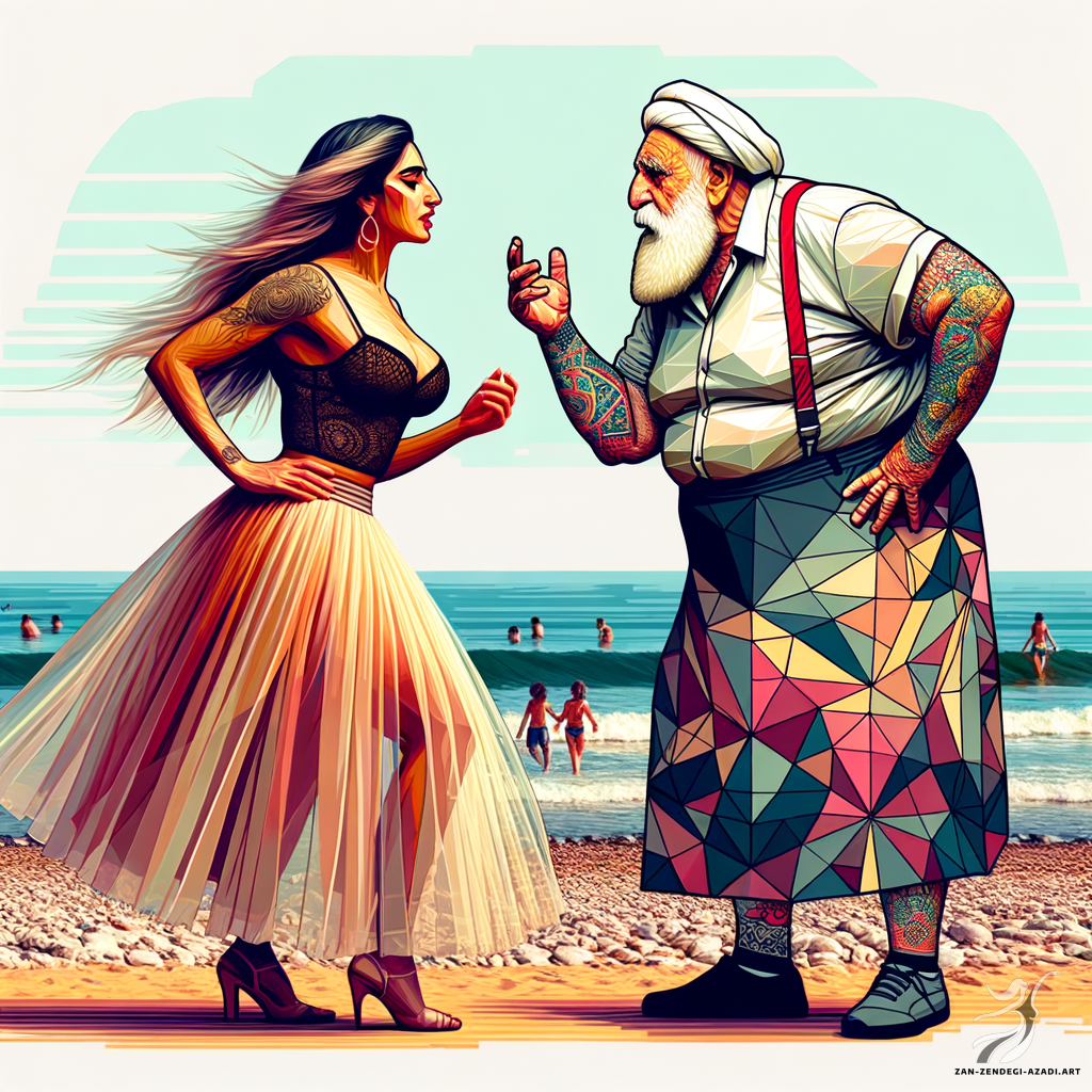 One woman and one man, Speaking, Beach in Pablo Picasso style A physically fit Iranian woman in her fifties, characterized by her flowing long hair and a fashionable outfit consisting of a tulle skirt and a blouse, is engaging in a clear conversation with an elderly curvy man, who is defined by his short hair, visible tattoo, and unique attire-a shirt dress. They are both positioned in a scenic beach setting. The image is further recreated with a distinct artistic touch that emphasizes geometric forms, abstract figures, and fragmented perspectives, reminiscent of movements in art pre-dating 1912.