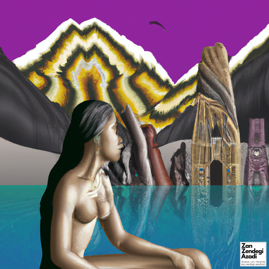 یک زن خاورمیانه ای با مدل موی بافته و بیکینی در حال شنا در کوه و تخت جمشید و تخت جمشید در پس زمینه است که به سبک انتزاعی ارائه شده است.