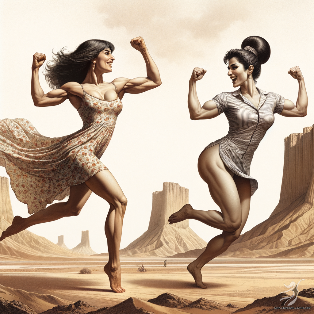 Two women, Dancing, Mountain in Expressionism style Two Iranian women showcasing diverse builds and ages, are depicted dancing in euphoric celebration. The first woman is an athletic lady in her fifties, with side-swept bangs and she wears a flowy sundress, denoting her playful spirit. The other woman is short, muscular and middle-aged, her updo hairstyle pairs perfectly with her chosen shirt dress. Their background is majestic, featuring the Kaluts of Shahdad, a unique desert formation found in the Lut Desert, Kerman Province, Iran. The artwork is composed with an emphasis on the emotional resonance of the scene, as opposed the exact realism of its subjects.