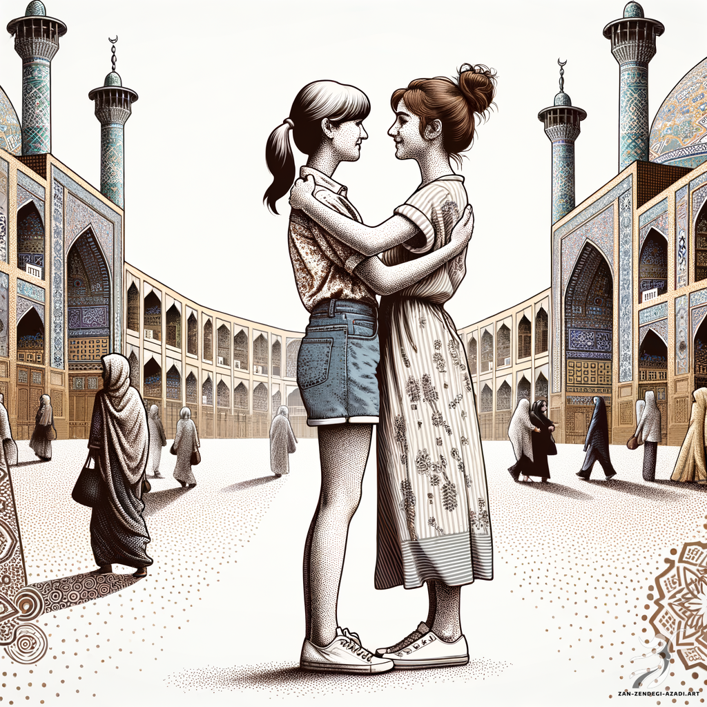 صحنه ی تکان دهنده ای را از دو زن ایرانی در حال در آغوش گرفتن محترمانه تجسم کنید. زن اول جوانی است با هیکل متوسط، با چتری‌هایی که به پهلو کشیده شده، شلوارک جین و تاپ می‌پوشد. زن دوم یک نوجوان ورزشکار با یک نان درهم و برهم است که لباسی به تن دارد. آنها در مقابل چشم انداز نمادین مجموعه بازار تاریخی تبریز، یکی از قدیمی ترین بازارهای خاورمیانه ایستاده اند. کل صحنه در یک سبک هنری منحصر به فرد ارائه شده است که عناصری از تکرار، نقطه های پولکا و الگوهای بی حد و حصر را در خود جای داده است.