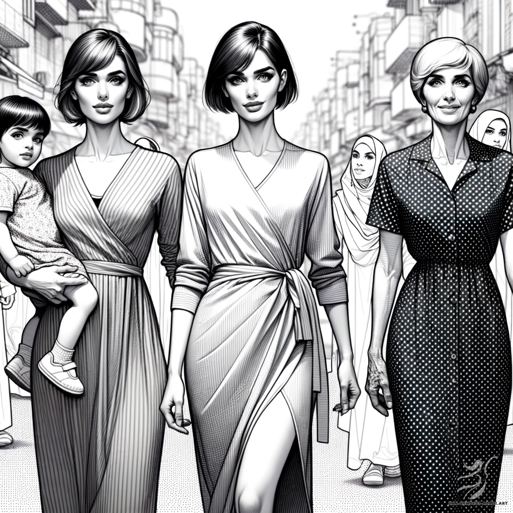 Two women and one child, Dressing up, Street in Yayoi Kusama style Depict an image featuring two Iranian women with a child on a street. Both women are elegantly dressed. One woman, who is in her thirties, is short, muscular, with a side-swept bangs hairstyle, and she's wearing a wrap dress. The other woman is elderly, athletic, has a pixie cut hairstyle, and is wearing a shirt dress. They both appear amidst an environment that's characterized by a style focused on repetition, polka dots, and immersive, infinite patterns.