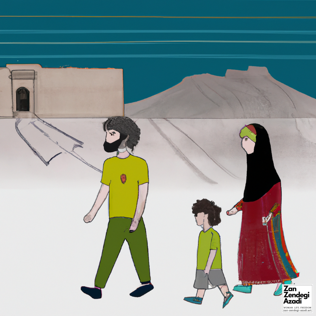 در عکس یک زن ایرانی و یک مرد با یک کودک به تصویر کشیده شده اند که در کوه قدم می زنند و تخت جمشید و تخت جمشید در پس زمینه به سبک روتکو. یک زن مدل موی بافته دم ماهی دارد و دامن و بلوز توری پوشیده است، در حالی که مرد موهای بلند دارد و پیراهن بر تن دارد.